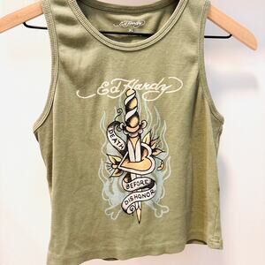 Y2K Ed Hardy Ribbed Cropped Tiny Tank Top – Olive Green Dagger Tattoo Graphic XL
